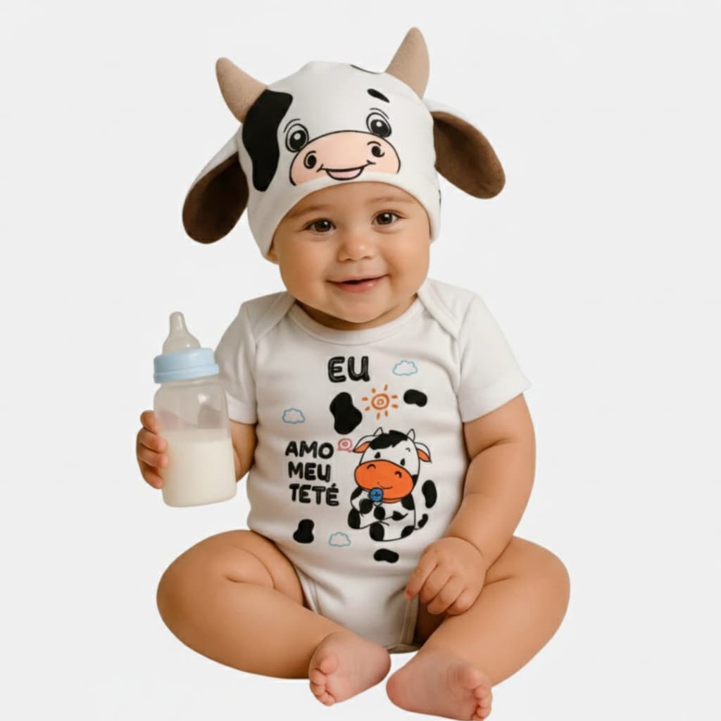 Body Bebê Temático Vaquinha Meu Tete Fazendinha Roupa Mesversario Menino Menina Tema Animais– 100% Algodão, Manga Curta