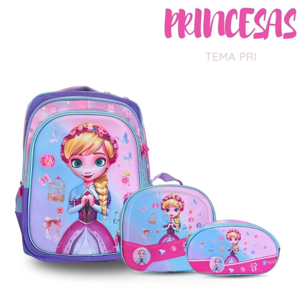 Kit Escolar Infantil Tema Princesas – Mochila + Lancheira + Estojo