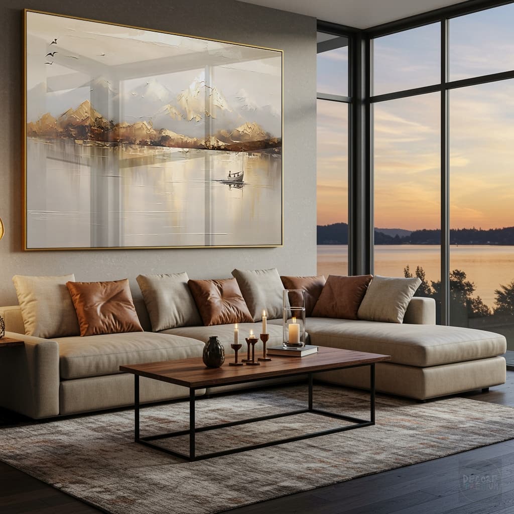 Quadro Paisagem Clean Montanhas E Lago Abstrato Leveza E Elegancia Horizontal Moldura E Vidro