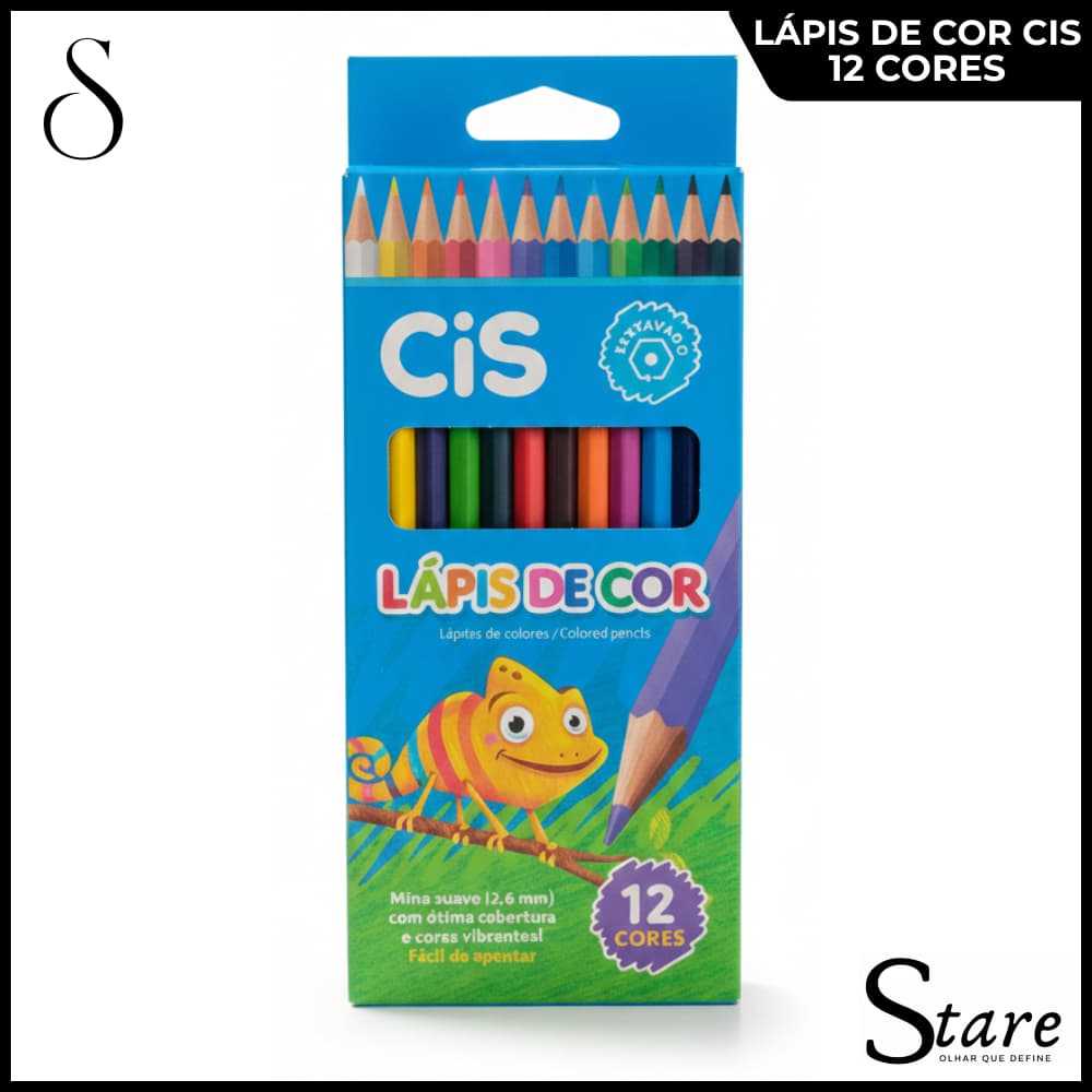 Lápis de Cor 12 Cores Cis Sextavado Escolar Kit