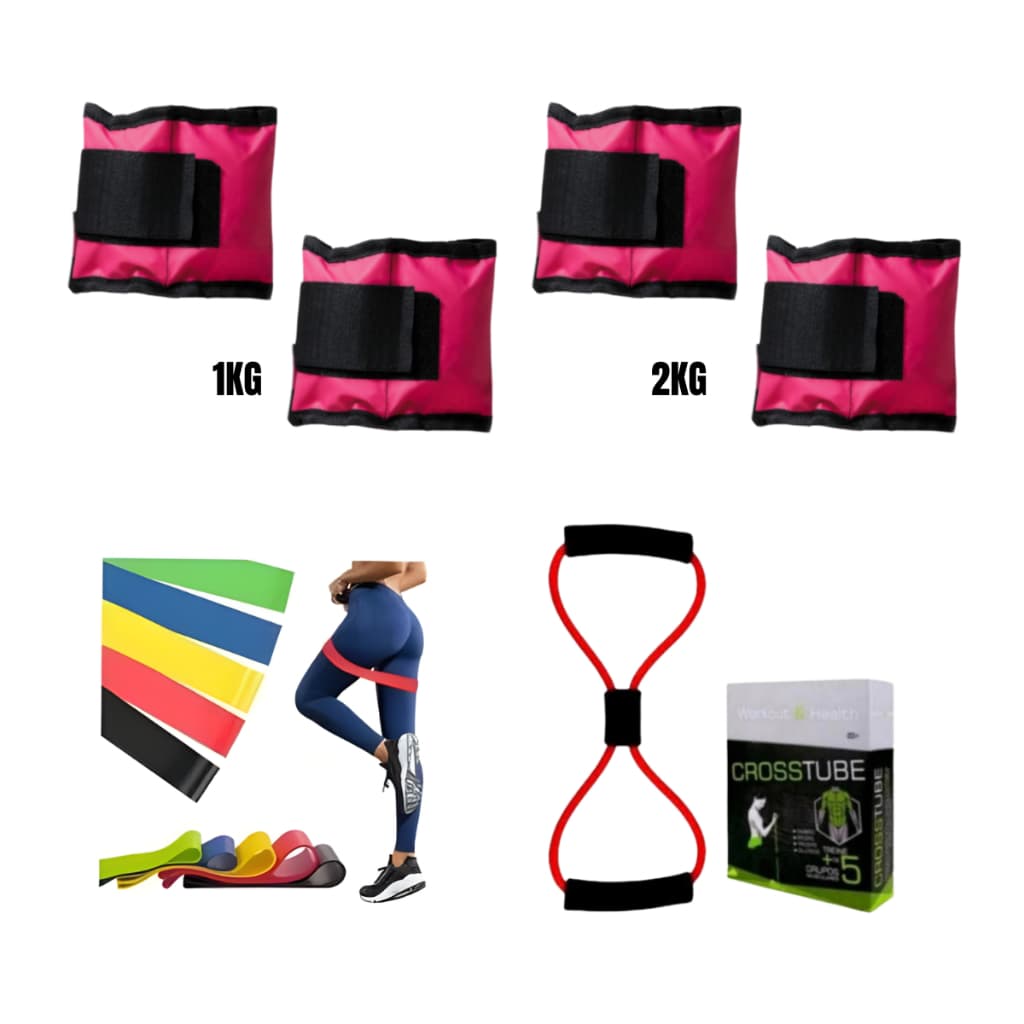 Kit Treno Par Tornozeleiras Caneleiras De Peso 1 Kg + 2 Kg + Elástico Multifuncional + Kit Theraband