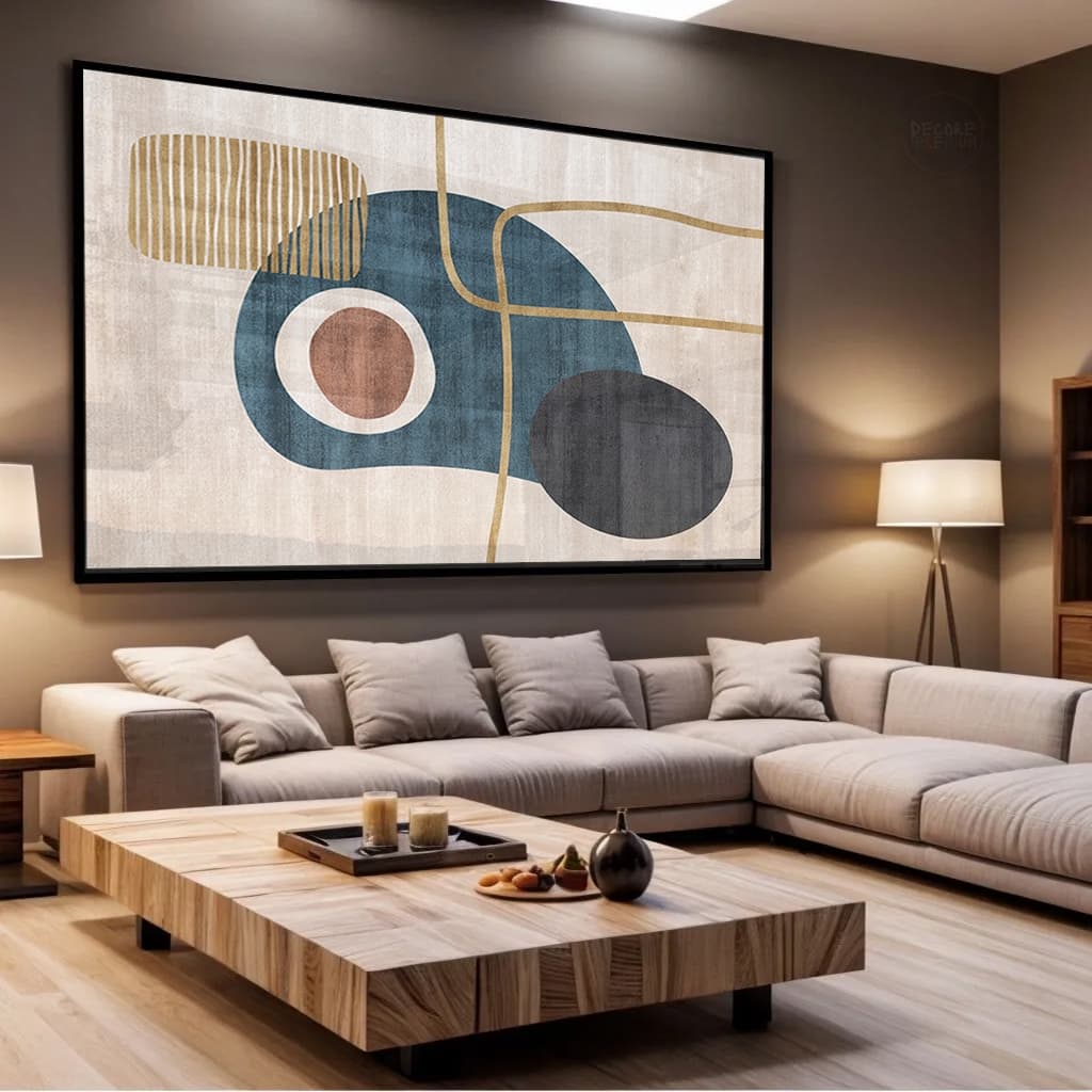 Quadro Decorativo Abstrato Moderno com Formas Orgânicas Azul e Marrom para Sala Hall Escritório Tela Canvas