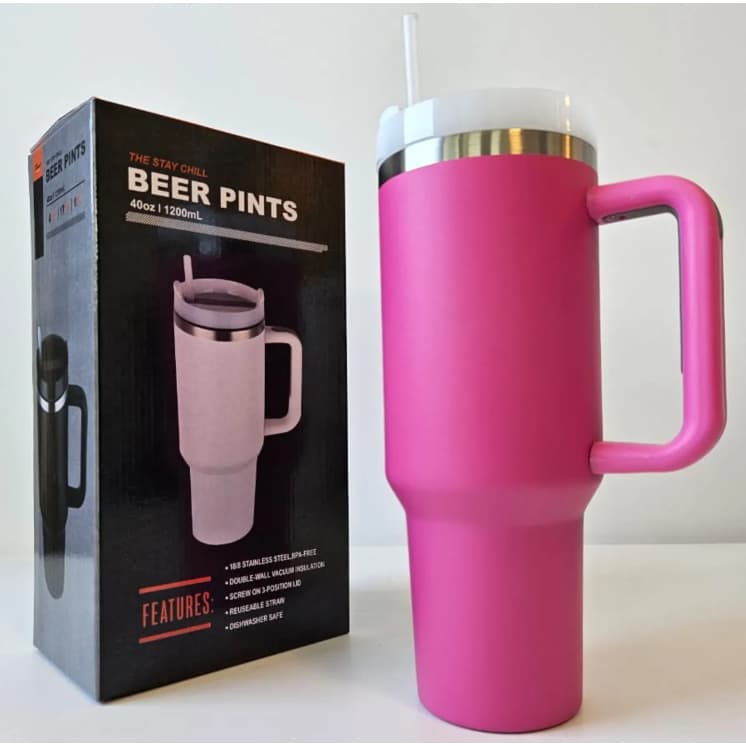 Caneca Copo Térmico Grande Aço Inox 1200ml Com Alça E Canudo Cor Rosa Lisa