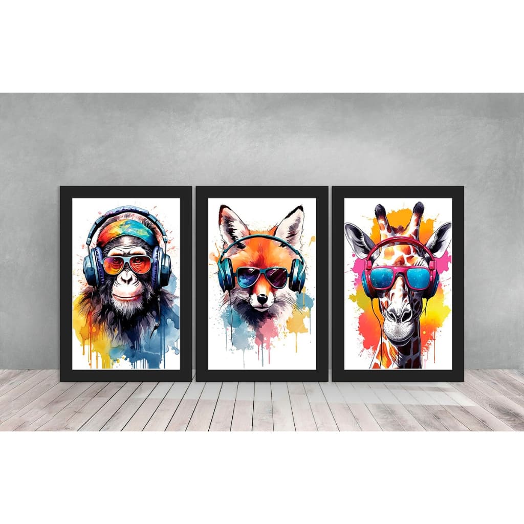 Quadros Decorativos 3p animais fone colorido decoração sala quarto escritório