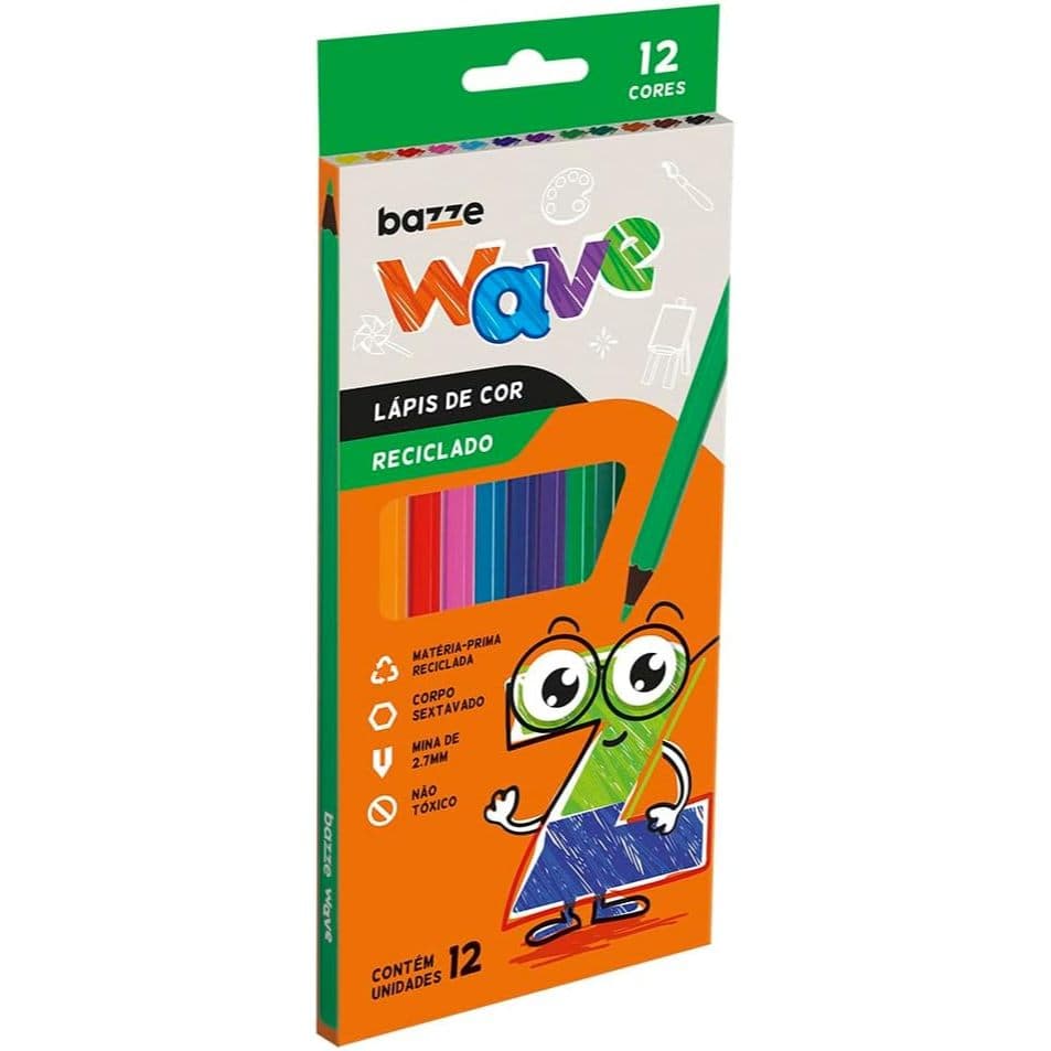 lápis de cor 12 cores wave bazze reciclado corpo sextavado