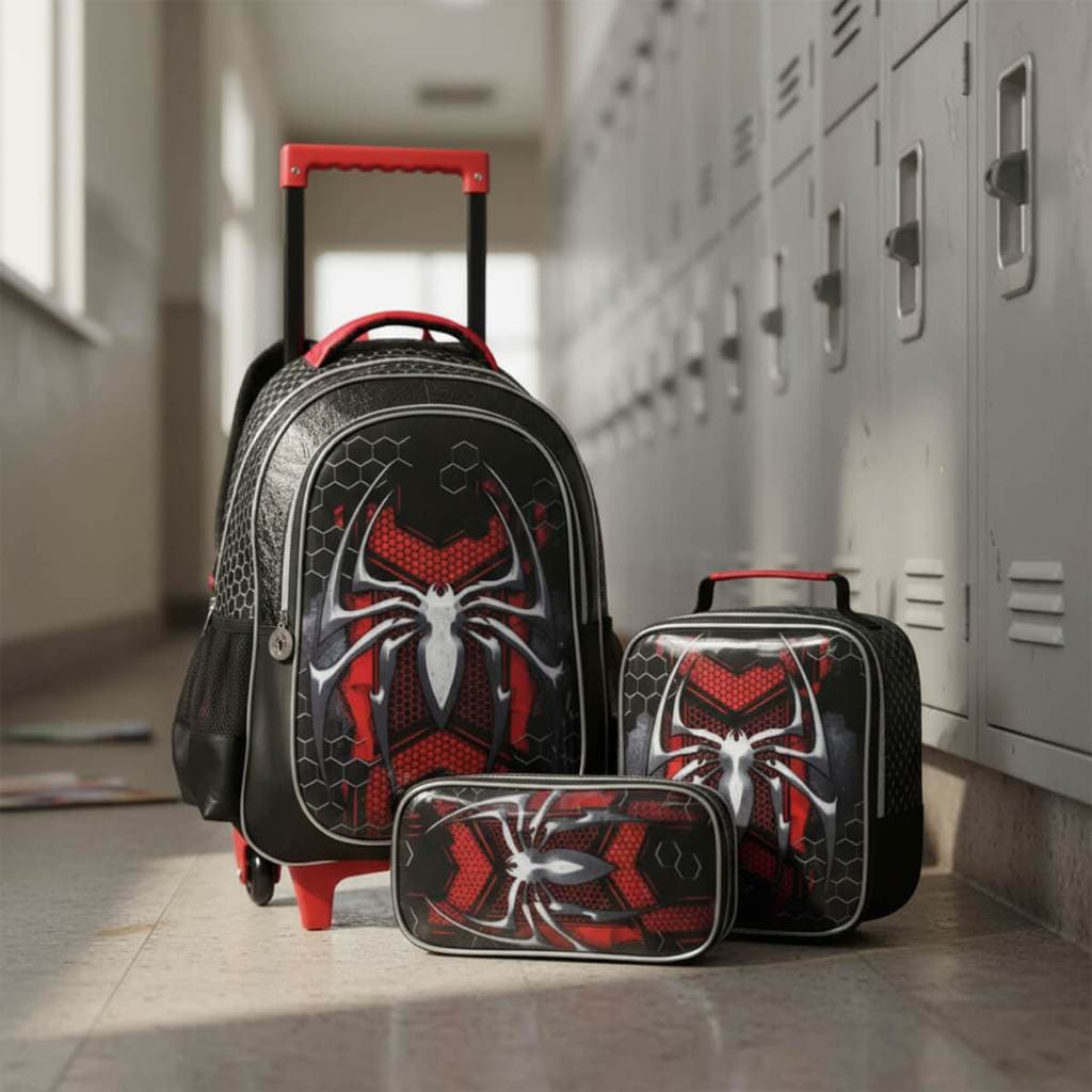 Kit Mochila Roda Homem Super Spider Aranha - Kit com Mochila +  Estojo + Lancheira - Preto