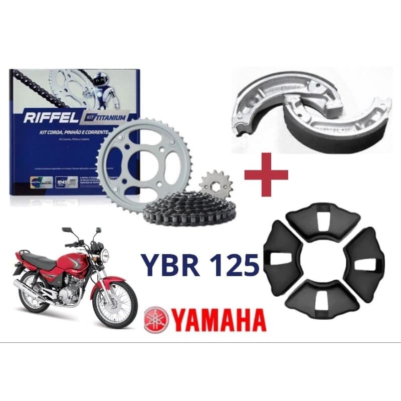 Kit Relação Transmissão Tração RIFFEL + Patins (Lona) De Freio + Coxim (Bucha) Da Coroa YBR/FACTOR 125 (2000 à 2016)