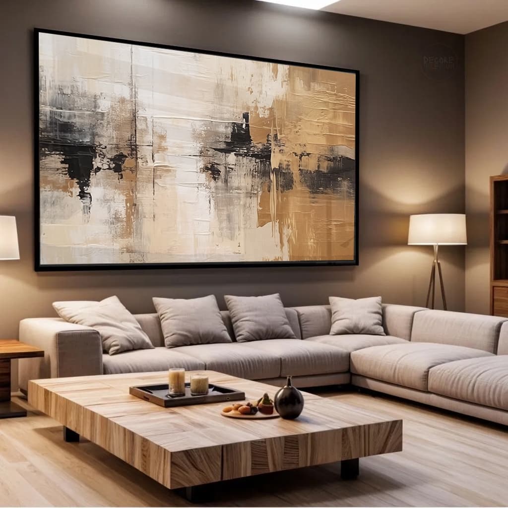 Quadro Arte Contemporânea Tons Neutros Horizontal Impactante Sala e Escritório Moldura e Vidro Luxo