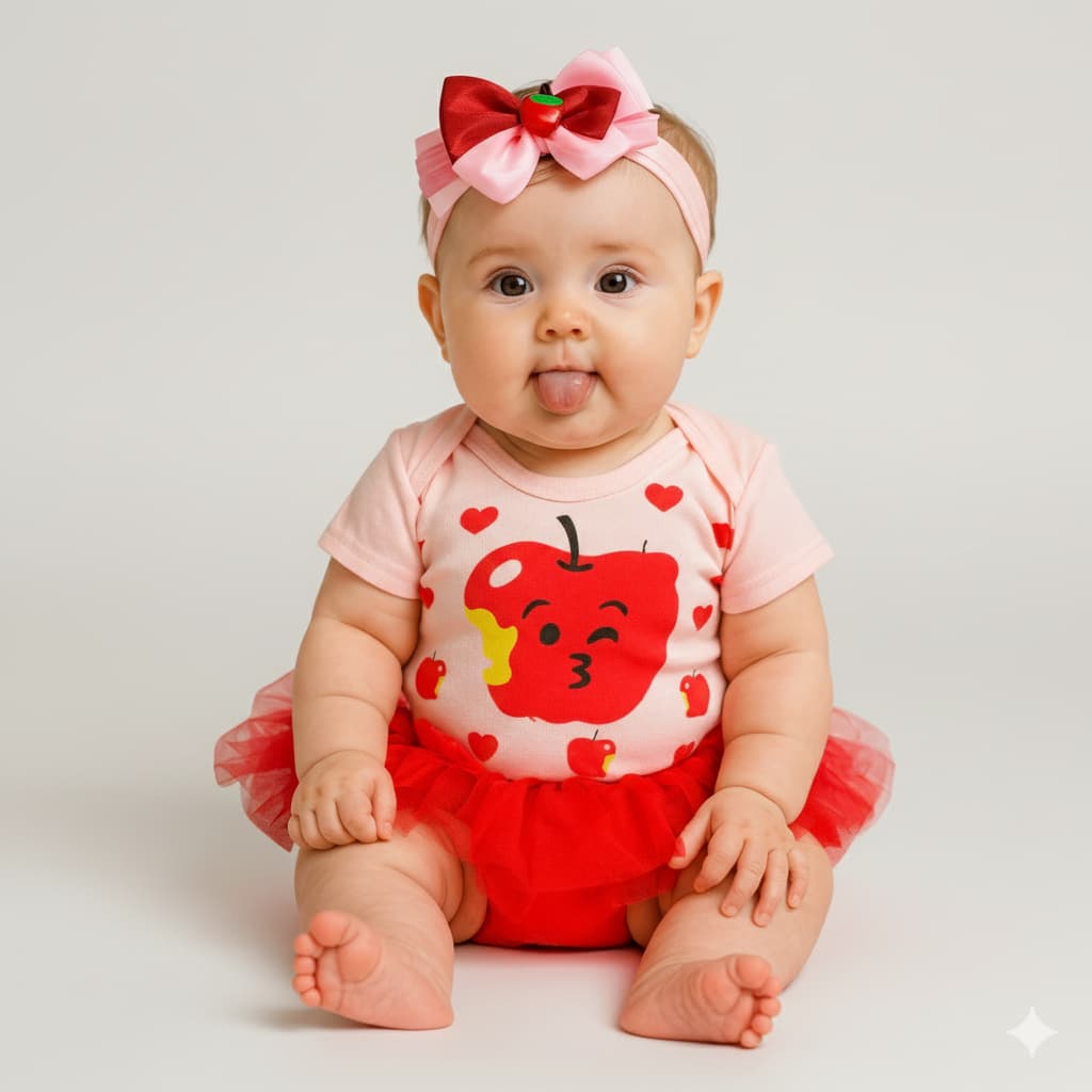 Body Bebê Frutinha + Laço Maçã – Roupa Bebê Algodão Mêsversario Temático
