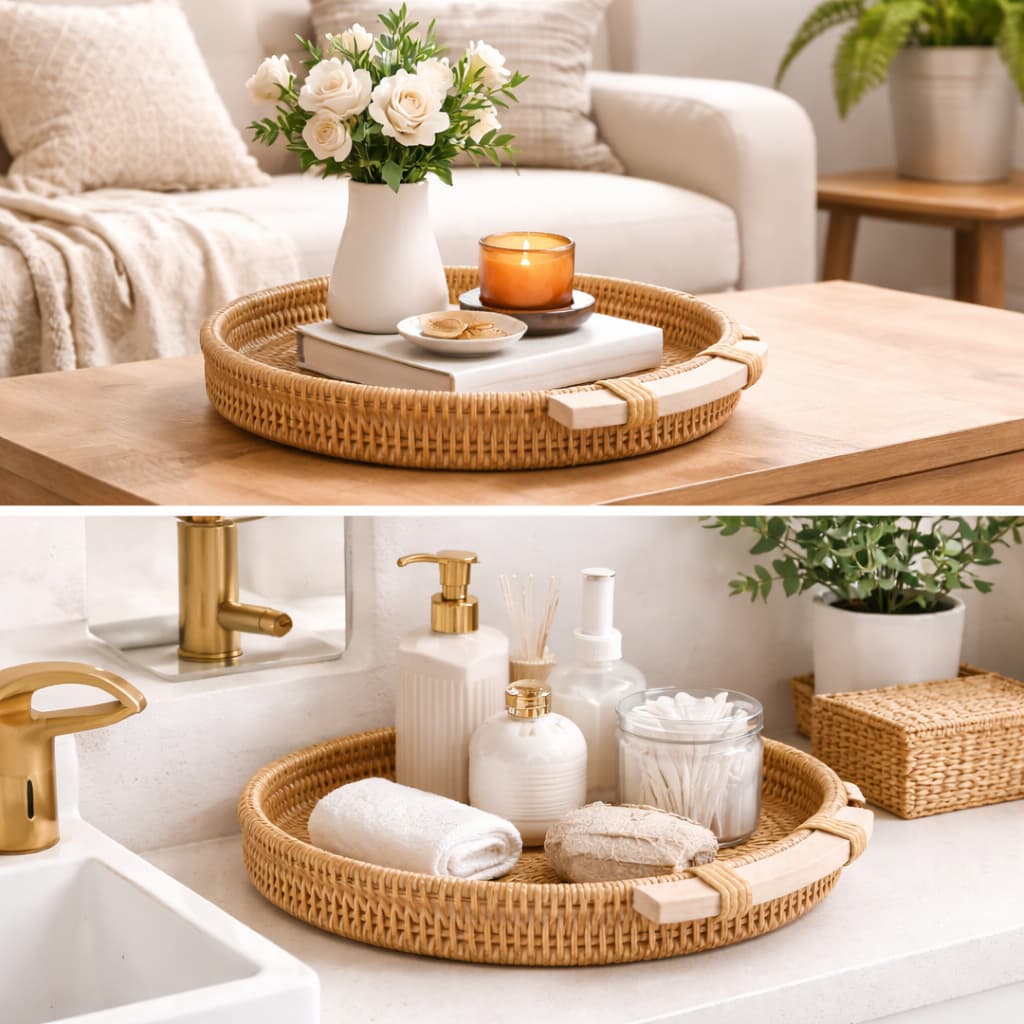 Kit Bandejas Decorativas em Madeira | Redonda ou Retangular | Servir, Organizar e Decorar