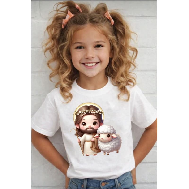 Camiseta Infantil Estampa Jesus E Rebanho  Antialérgica Unissex Manga Curta 100% Algodão Não Desbota