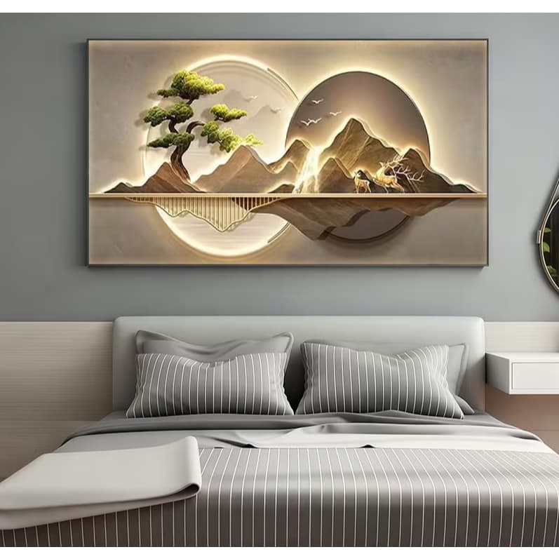 Quadro Decorativo Paisagem Japonesa Montanha e Circulos Dorados Iluminada Luxo Decoração Sala 110x70