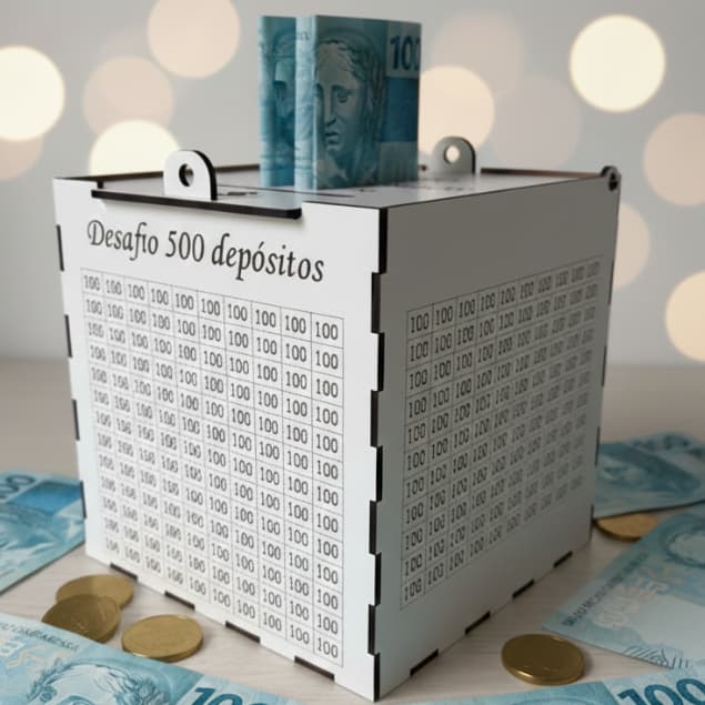 Cofre Desafio 500 Depósitos MDF Organizador Branco Meta R50.000 Economizar