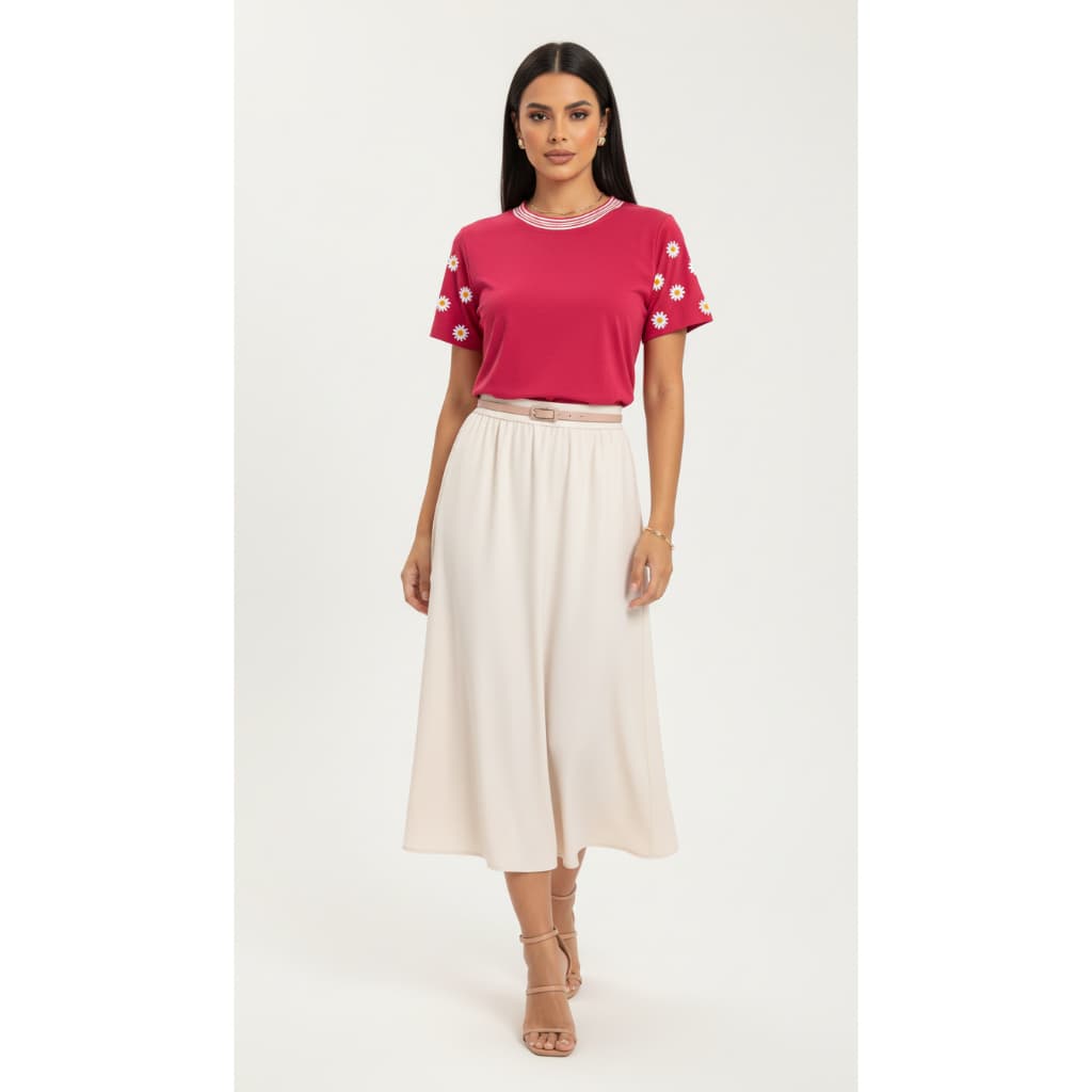 BLUSA T-SHIRT CAMISETA BABYLOOK GOLA LUREX ESTAMPADA NA MANGA