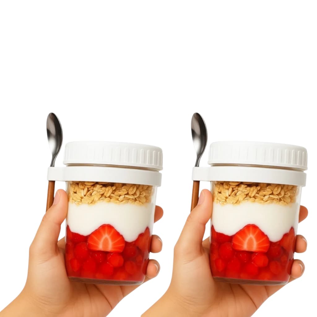 Kit 2 Copos De Vidro 350ml Tampa E Colher Iogurte Frutas Saudável Fitness Hermético