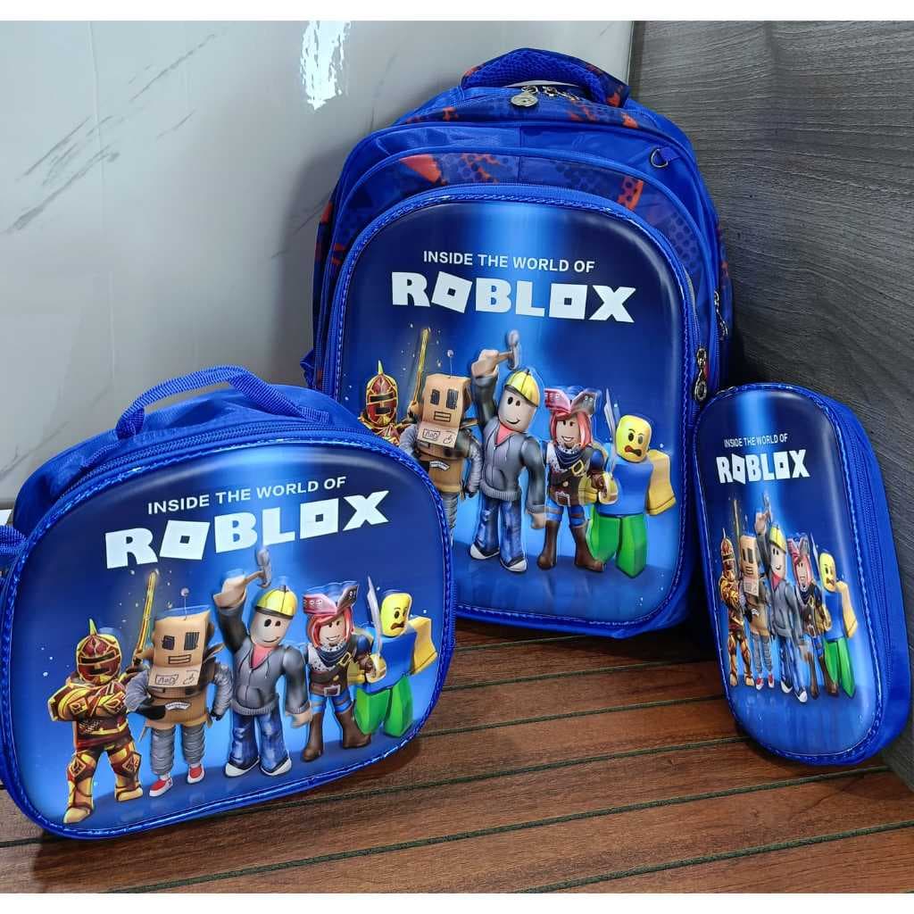 kit mochila escolar de costas, desenho 3D, 3 compartimentos + lancheira térmica + estojo