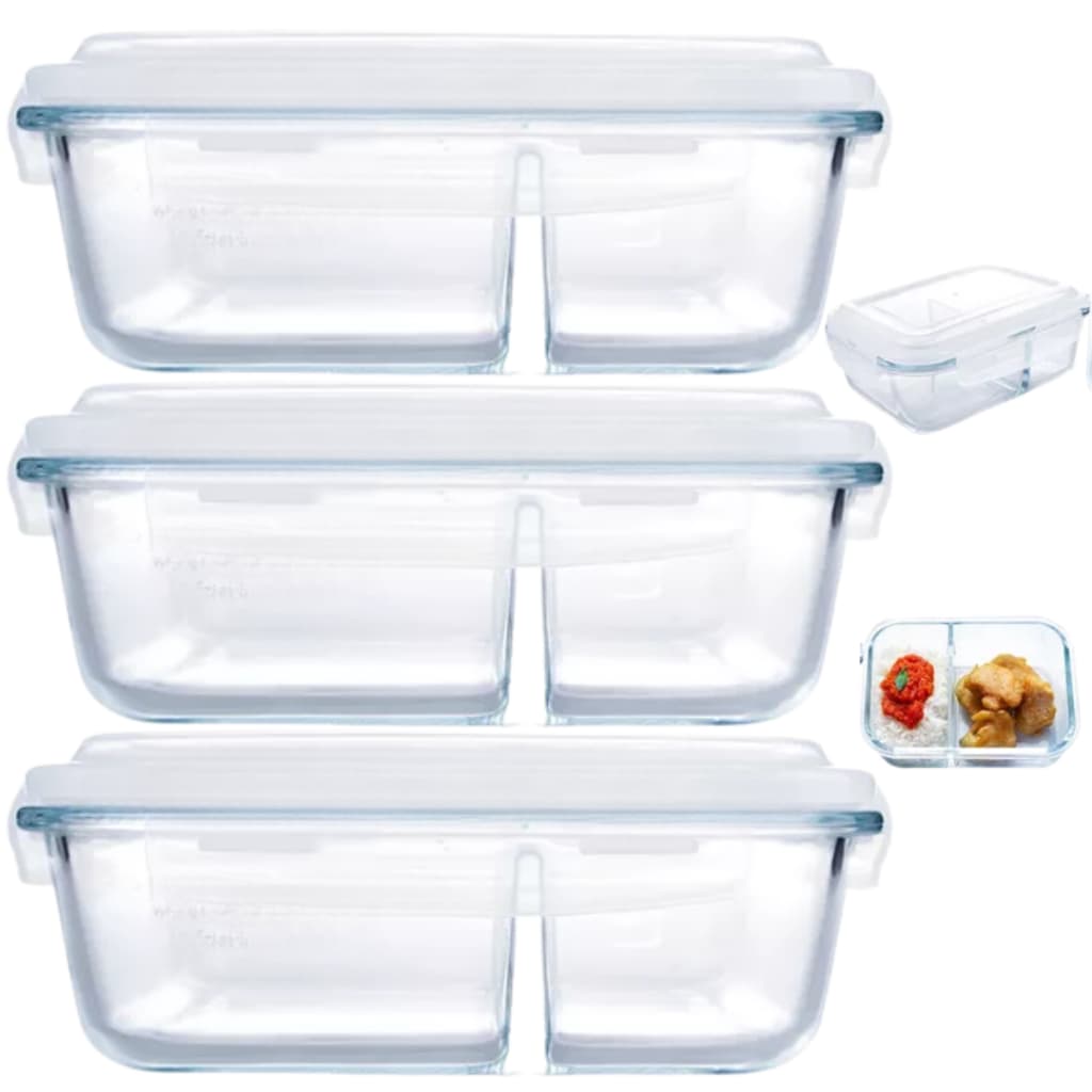 Conjunto Kit 3 Potes de Vidro Com Tampa Hermética 2 Divisórias 1 Litro Marmita Fitness Retangular