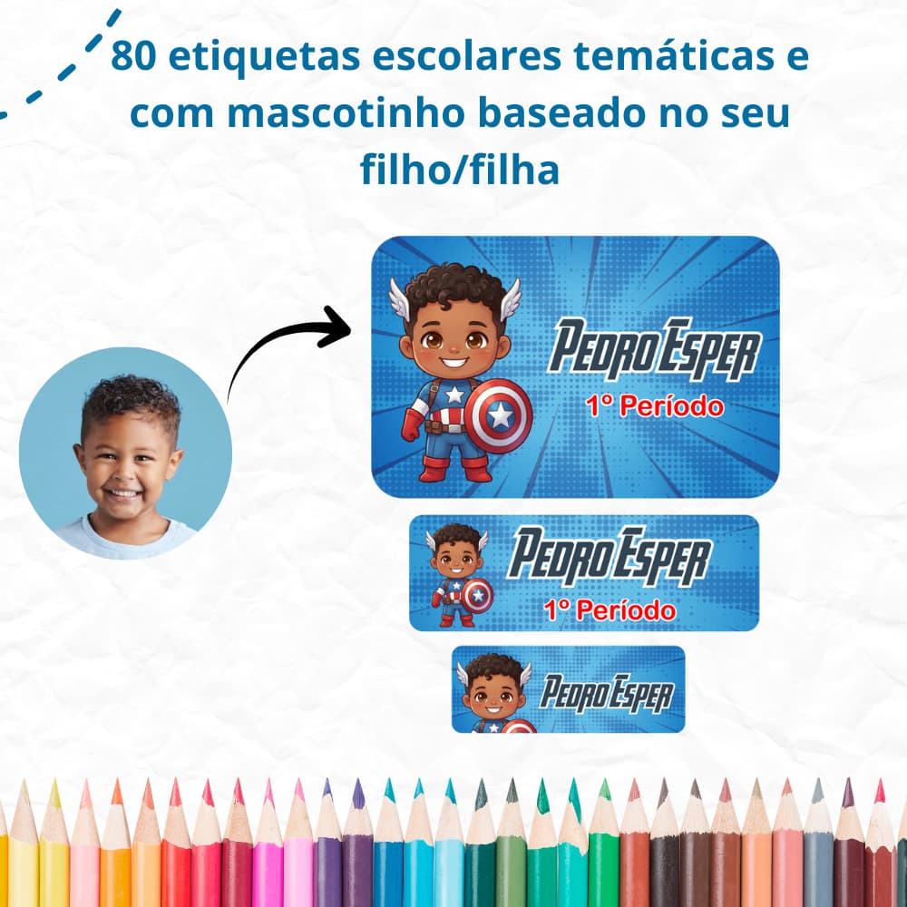 80 etiquetas escolares personalizadas temáticas com mascotinho da criança - etiquetas à prova d'agua