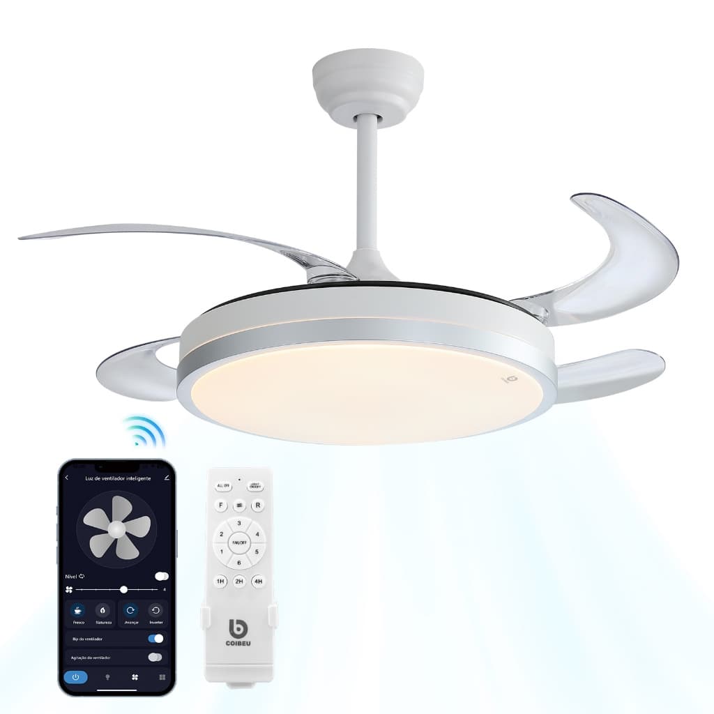 COIBEU Ventilador de Teto Inteligente e Dobrável - Iluminação 3CCT, Controle Remoto