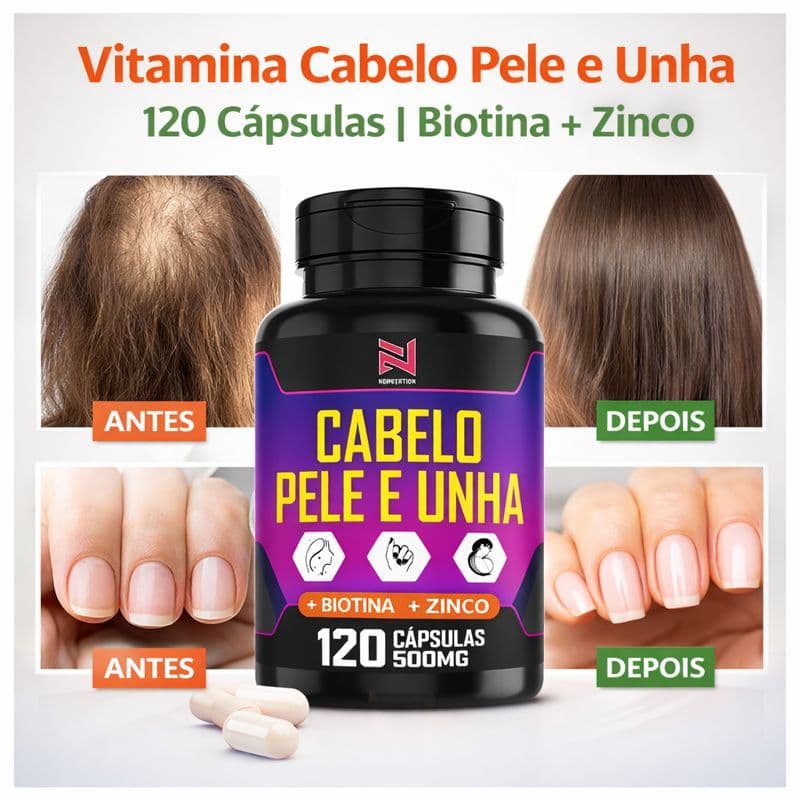 Vitamina Cabelo Pele e Unha 120 Cápsulas Biotina Zinco Queda de Cabelo Crescimento Capilar