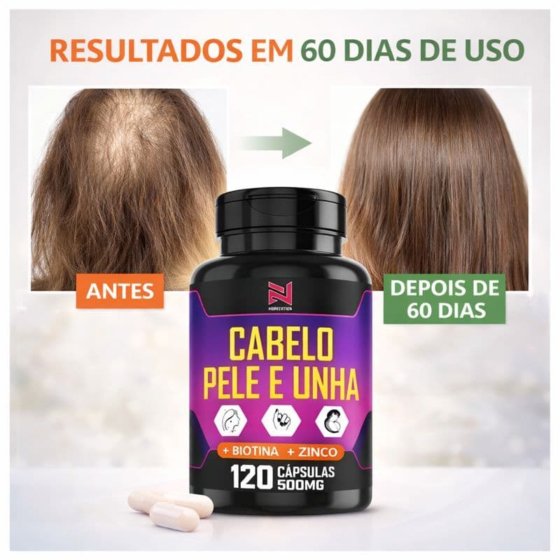 Vitamina Cabelo Pele e Unha 120 Cápsulas Biotina + Zinco Queda de Cabelo, Crescimento Capilar