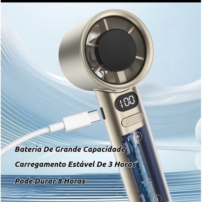 MINI Ventilador Portátil Turbofan com 120 Níveis | Vento Forte, USB Recarregável, Display Digital para Mesa e Mão M11