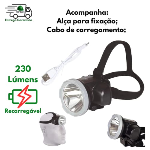 Lanterna de Cabeça Recarregável 230 Lúmens Led Mor Segurança Proteção EPI