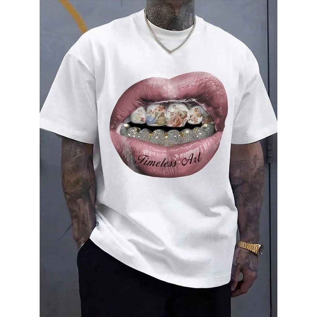 T-shirt branca 100% algodão Timeless Art estampa boca Lábios com arte clássica e brilho estilo streetwear fashion