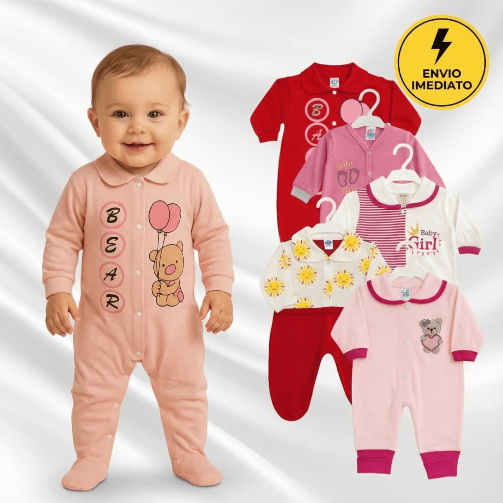 Kit 5 Macacão Menina Bebê Estampado Algodão Vira Pé Reversível Inverno Confortável Enxoval Macio