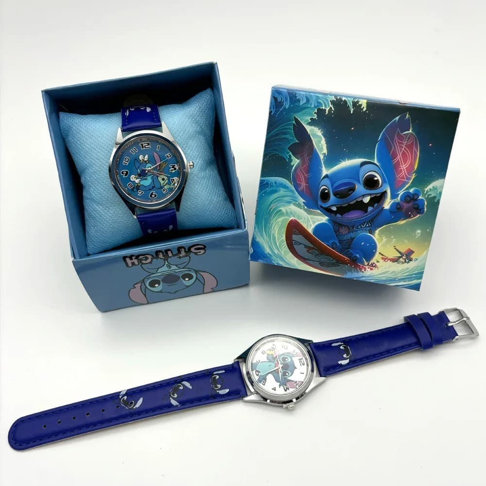 Relógio Infantil Stitch com Caixa Presente | Analógico Quartzo | Meninas e Meninos | Kawaii Azul | Presente de Aniversá