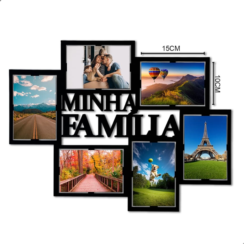 Quadro Porta Retrato MDF Preto Mural de Fotos da Minha Família Cabe 6 Fotos Quadro Parede Decoração