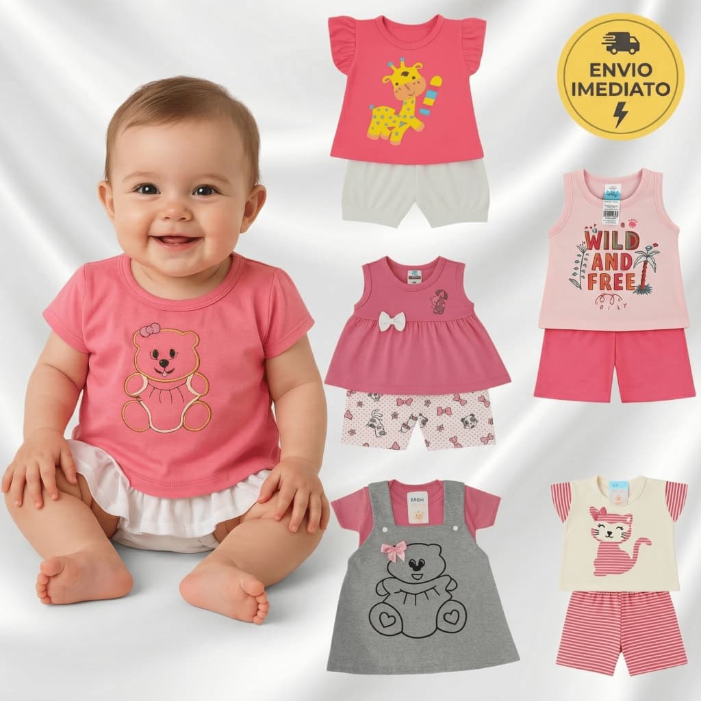 Kit 3 Conjuntos Menina Bebê Infantil Peças de Roupas Verão Infantil Fashion Short Blusa Algodão