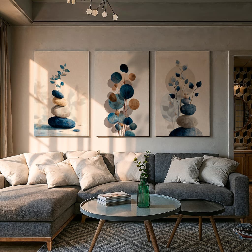 Kit 3 Peças Quadro Decorativo Abstrato Botânico Zen Moderno Azul e Bege