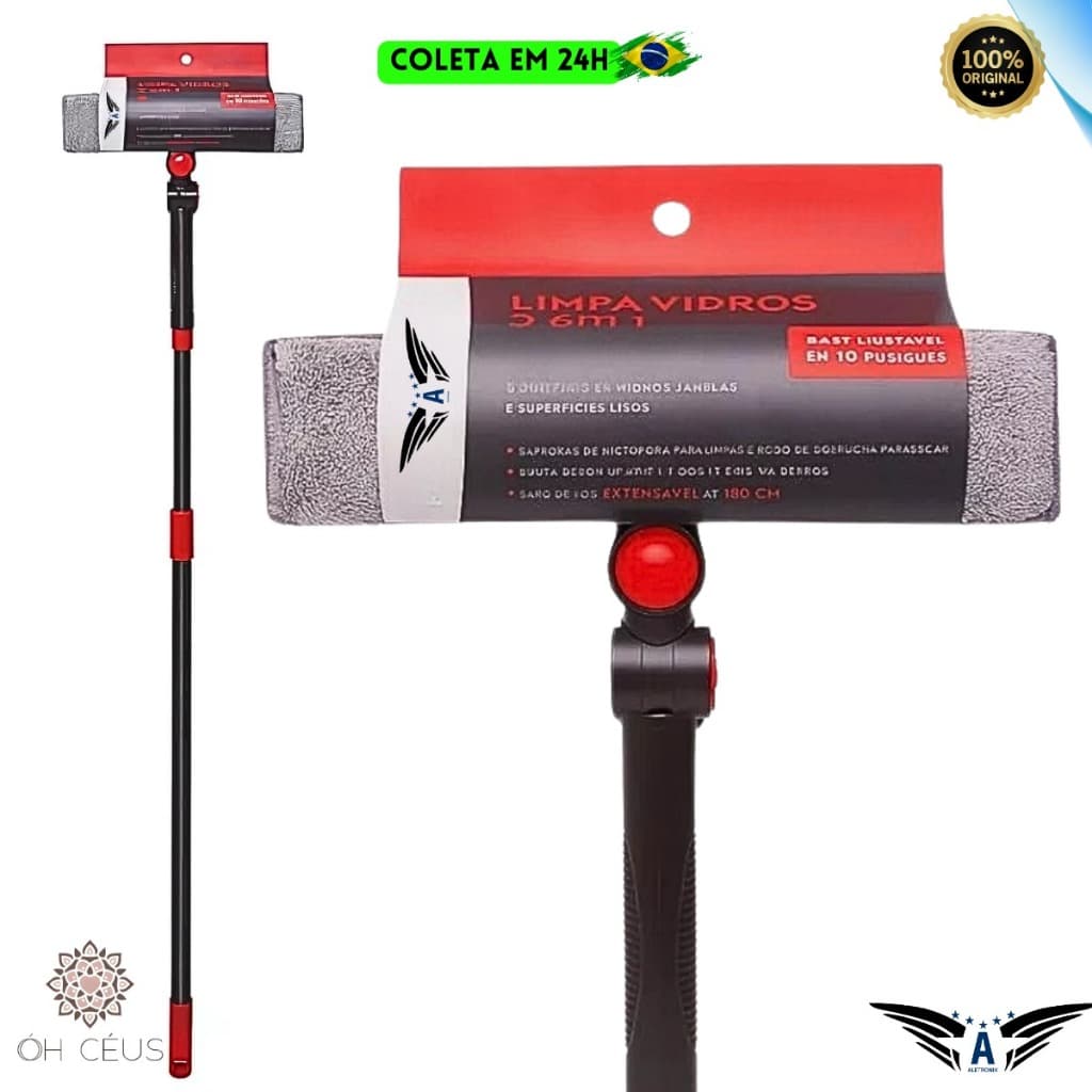 Rodo Limpa Vidros 2 Em 1 Com Cabo Extensível Microfibra Limpeza Janelas Altas Pronta Entrega