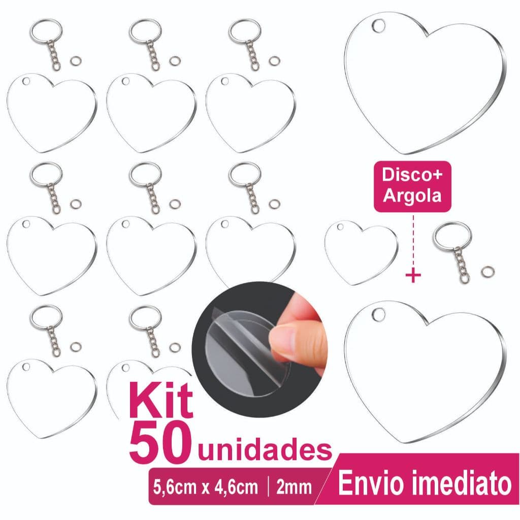 Kit 50 Chaveiros de Coração em Acrílico Transparente + Argolas para Personalizar