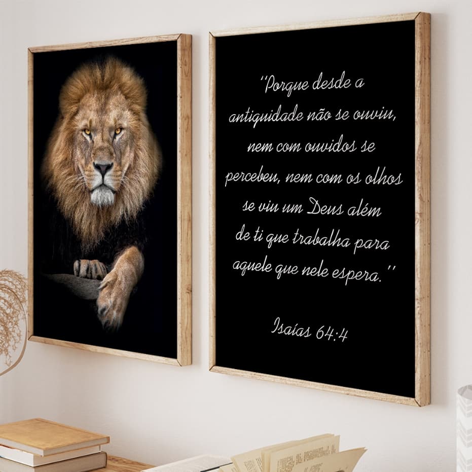 Quadros Decorativos Leão de Judá Isaías Luxo Religioso Moldura Premium Vidro Duo Sala Quarto Bíblia