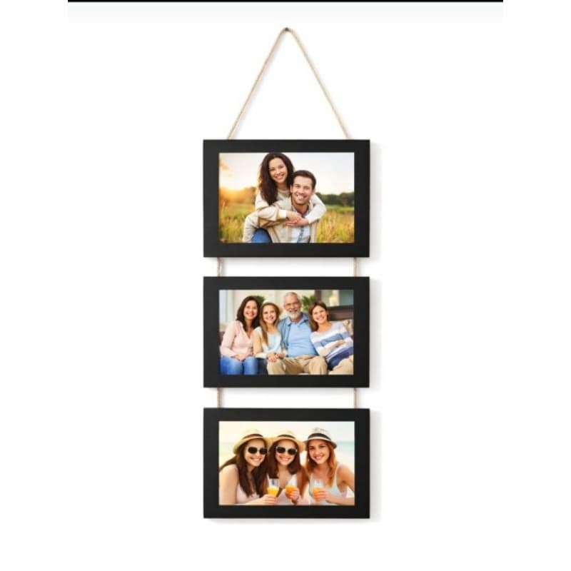 15x21 Porta-retratos triplo em MDF preto – pendurado com sisal