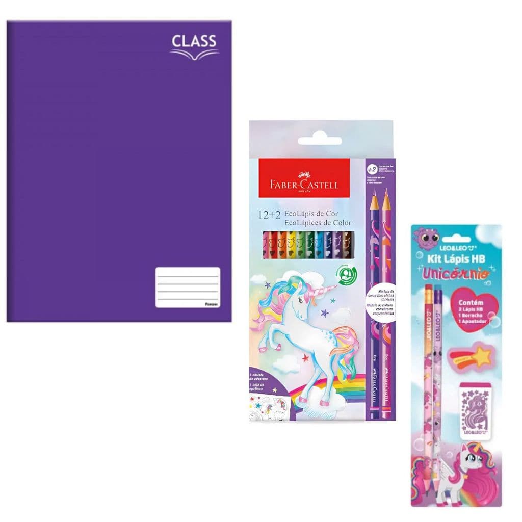 Kit Escolar Caderno Pequeno + Lápis de Cor Faber-Castell 12+2 Cores + Kit Lápis HB Borracha