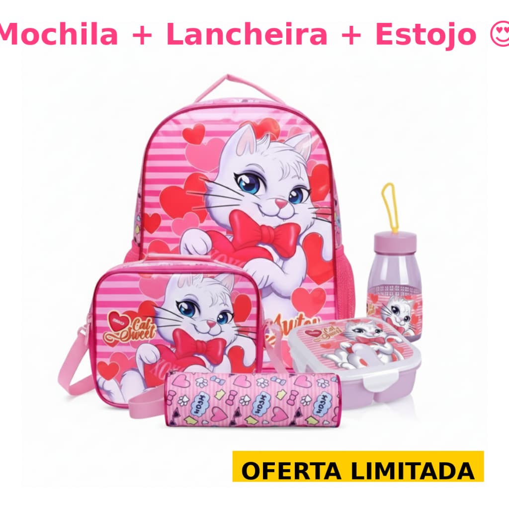 Mochila Escolar Infantil Menina Gatinha Rosa com Lancheira Estojo Garrafinha e Pote Volta às Aulas