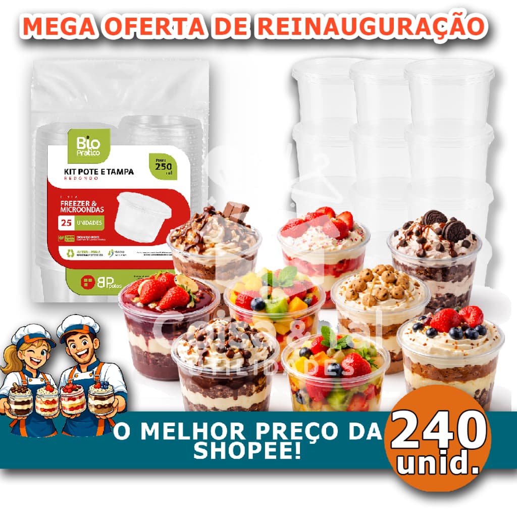 120 a 24 atacado Pote para Bolo Redondo 250ml Potinho Freezer Microondas Descartavel sorvete açai