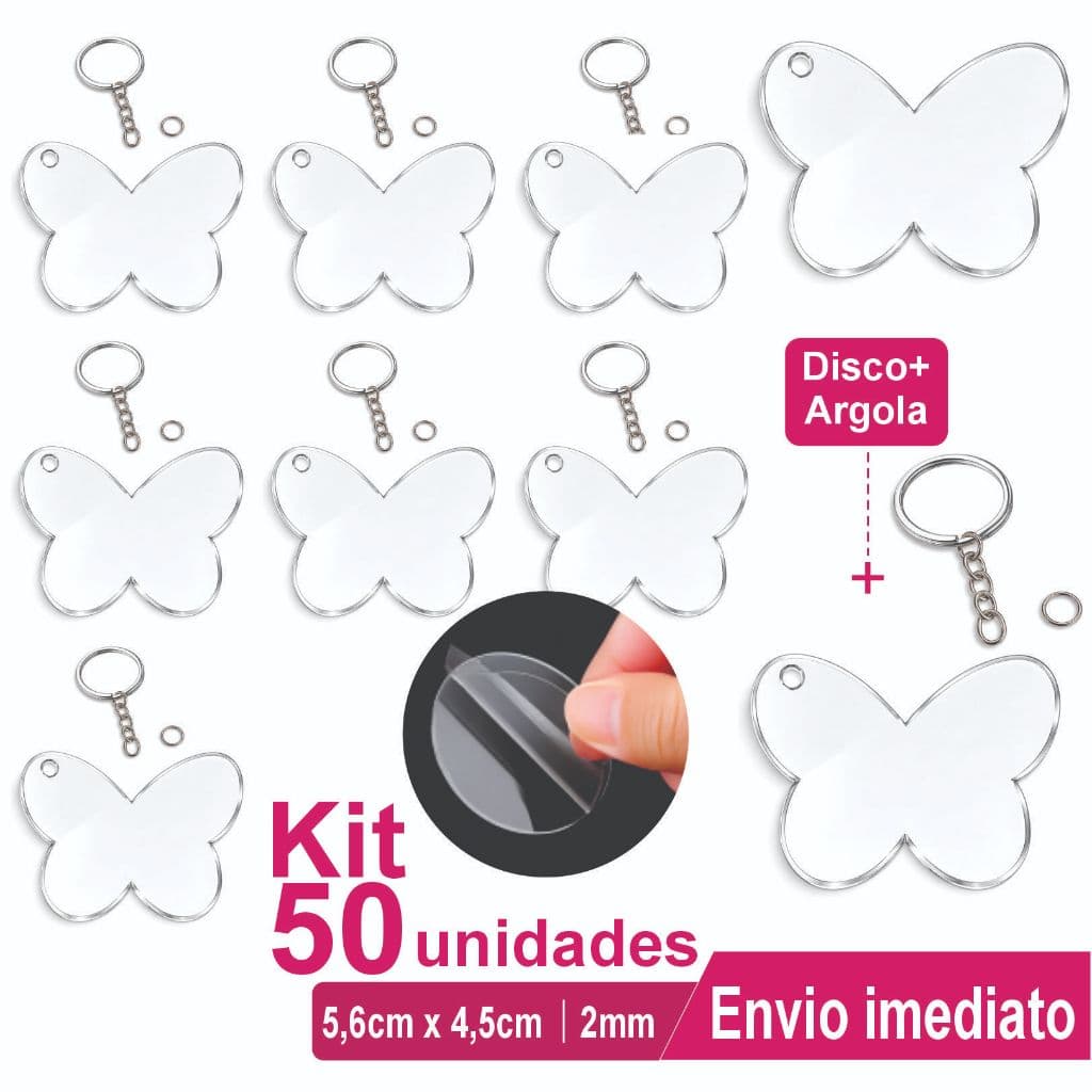 Kit 50 Chaveiros de Borboleta em Acrílico Transparente + Argolas para Personalizar