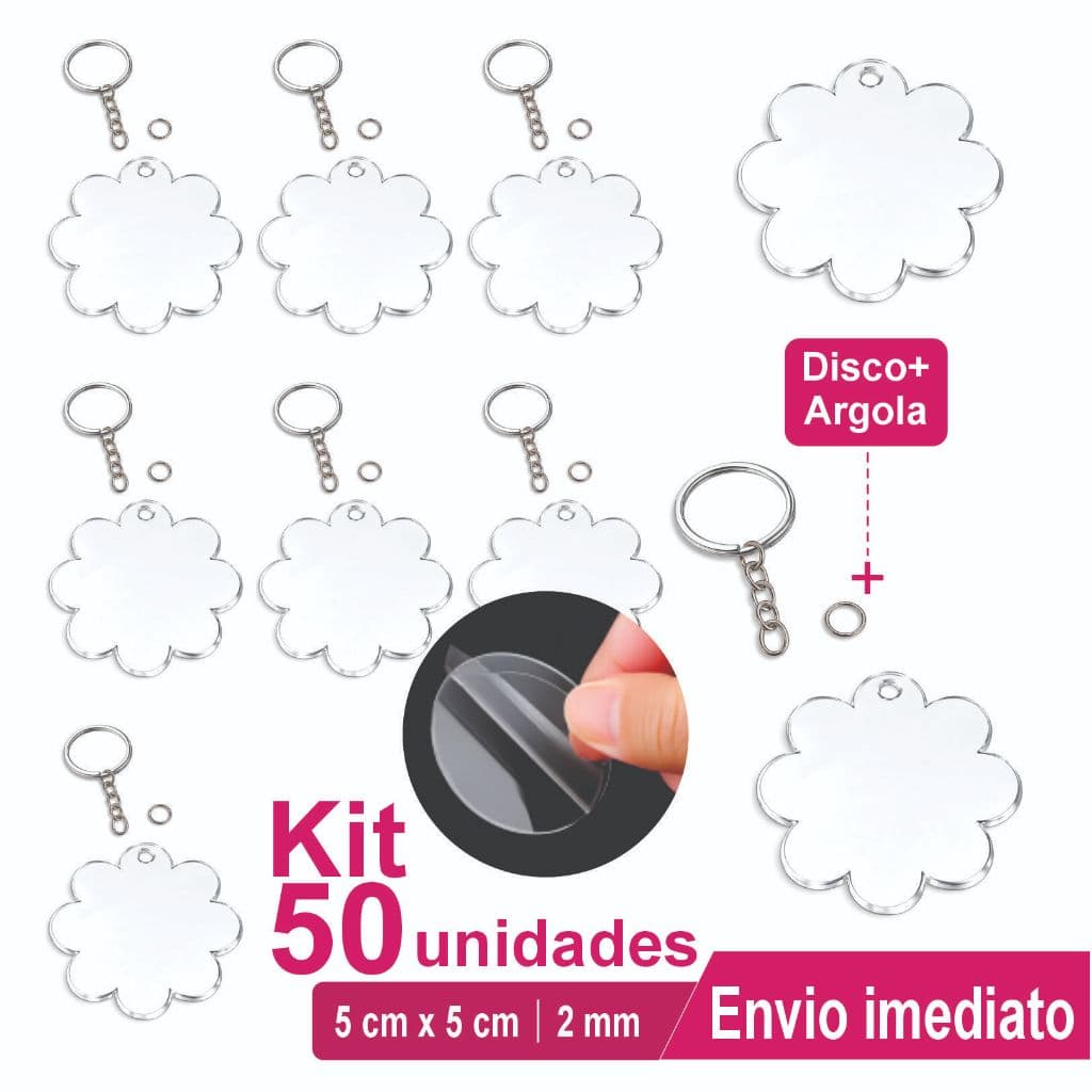 Kit 50 Chaveiros de Flor em Acrílico Transparente + Argolas para Personalizar