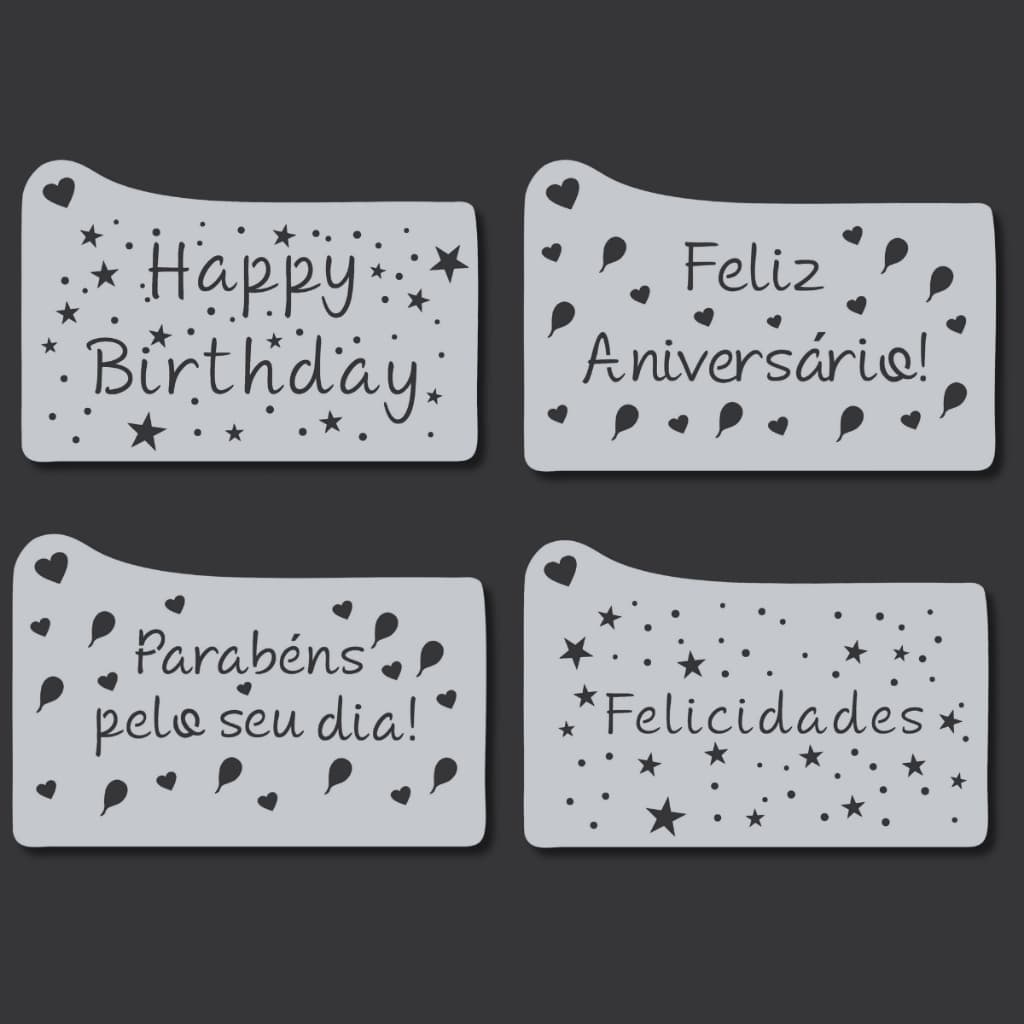 Kit 4 Stencil Molde Decorativo Bolo Cupcake "Happy Birthday" Textura Profissional para Confeitaria