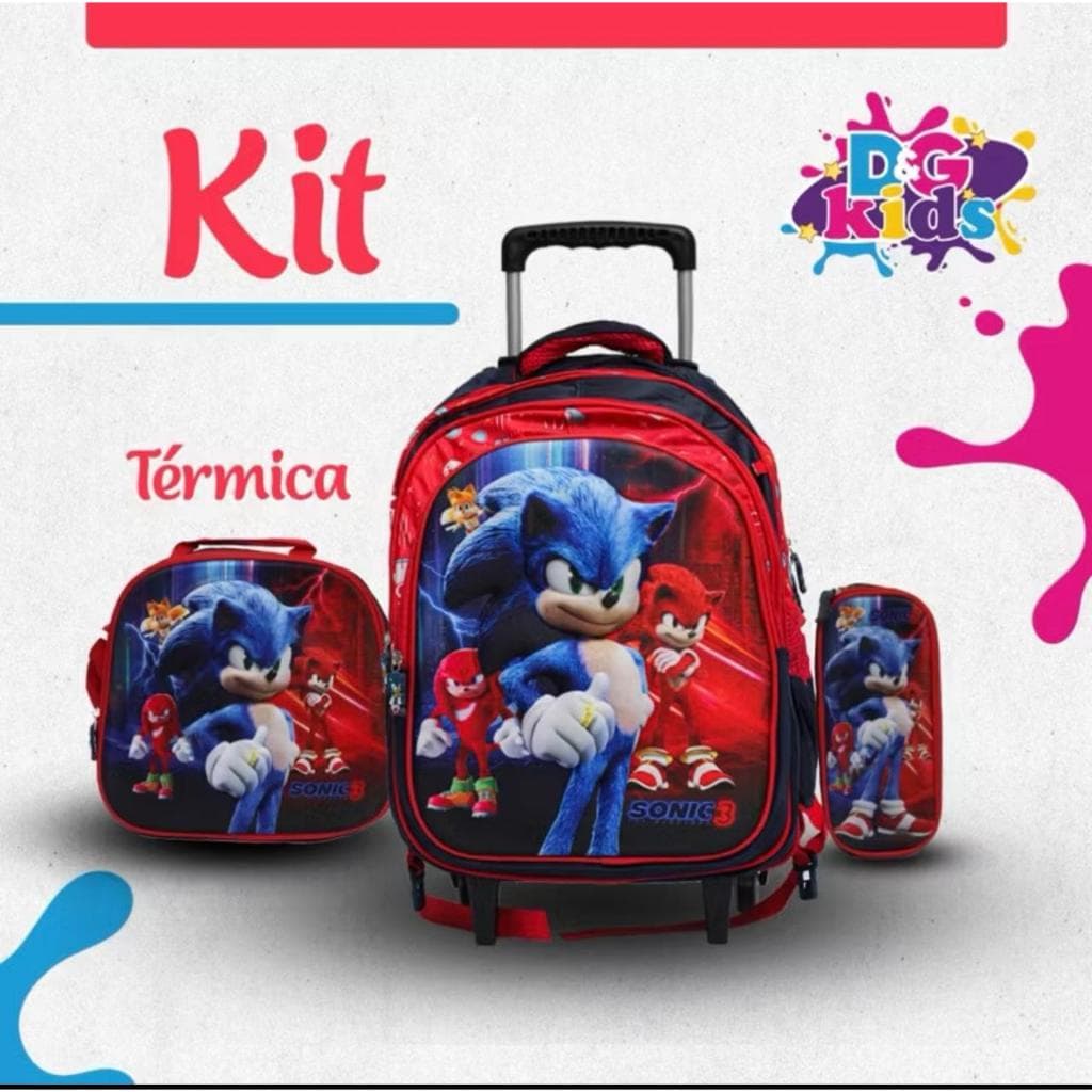 kit mochila escolar sonic 3D  com rodinhas lancheira térmica e estojo homem aranha e varios personagens