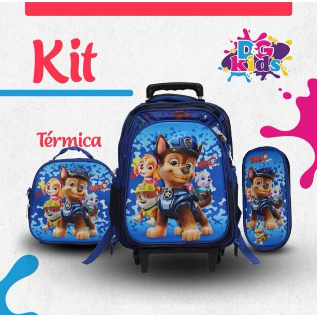 kit mochila escolar PATRULHA CANINA 3D com rodinhas lancheira térmica e estojo