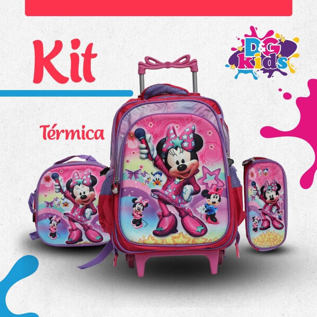 kit escolar infantil 3D MINIE com rodinhas lancheira térmica e estojo