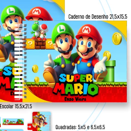 Caderno de desenho OU Caderno meia pauta OU  Caderno de Caligrafia SUPER MARIO 1 Personalizado com Nome - ESCOLHER