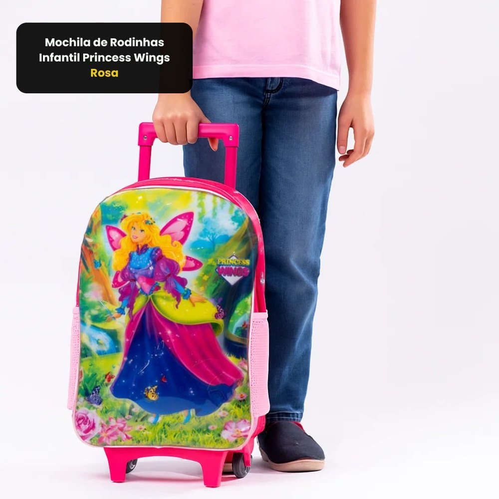 MOCHILA INFANTIL MENINAS COM RODINHAS PRINCESS WINGS ENCANTADORA ESPAÇOSA REFORÇADA COR ROSA