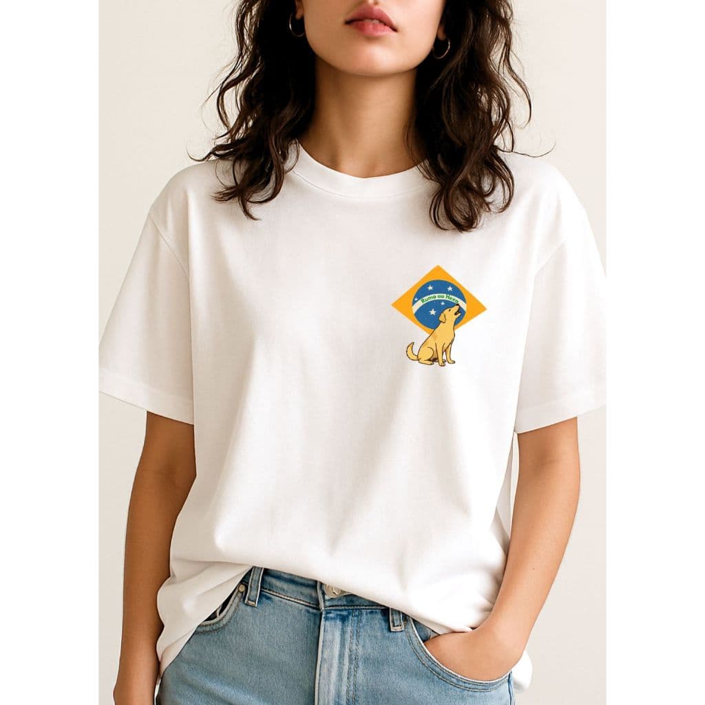 Camiseta Feminina Brasil - Rumo ao Hexa Cachorro Caramelo - 100% Algodão Blusa Copa do Mundo Confortável e Minimalista