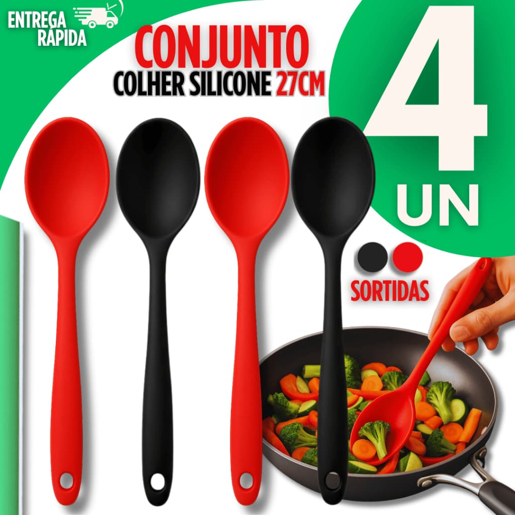 Conjunto 4 Colher de Silicone Resiste ao Calor Anti risco Cozinha Utensílio Durável Cozinhar Casa